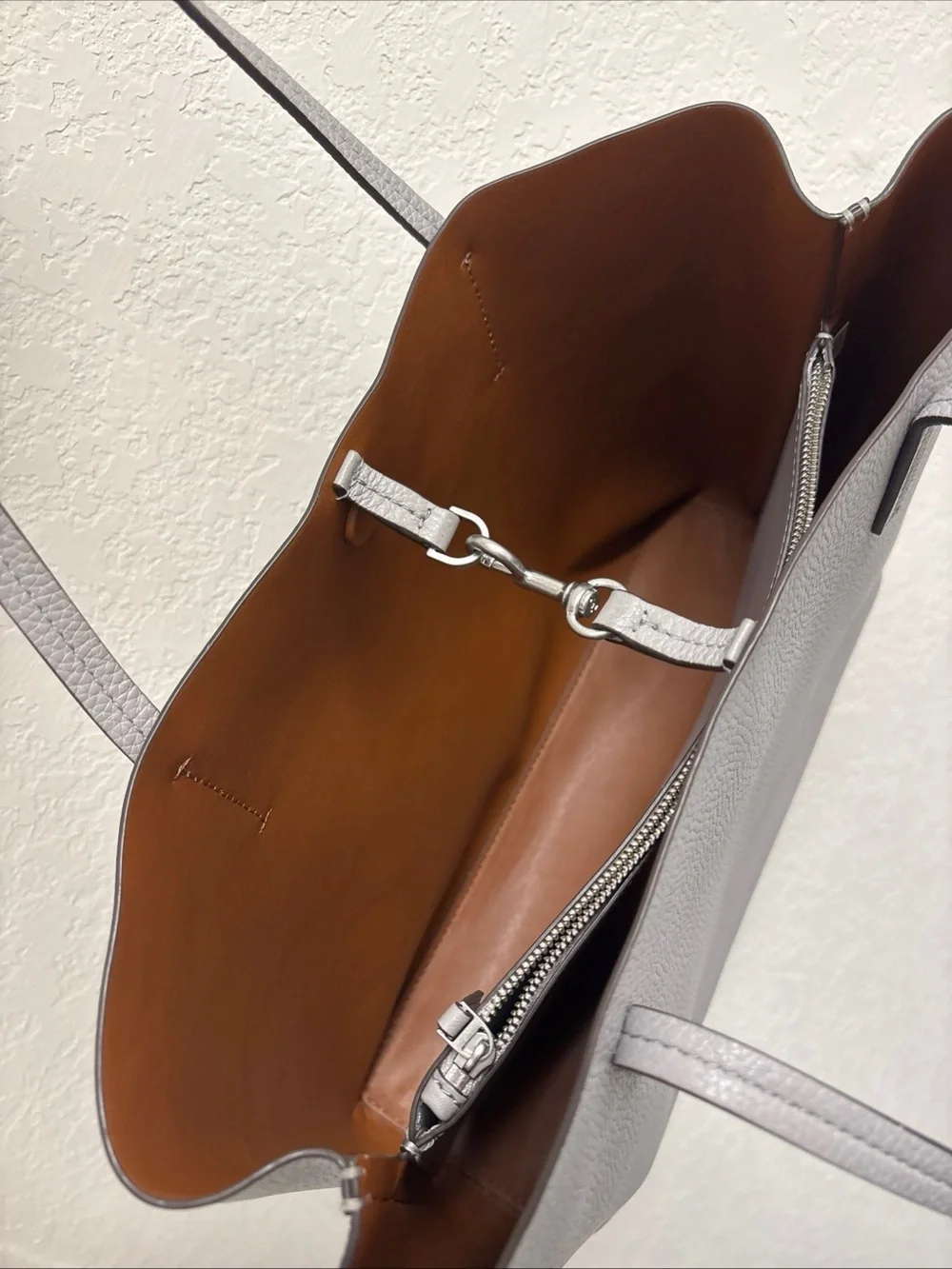 Tory Burch Light Gray Pebbled Leather Tote Bag